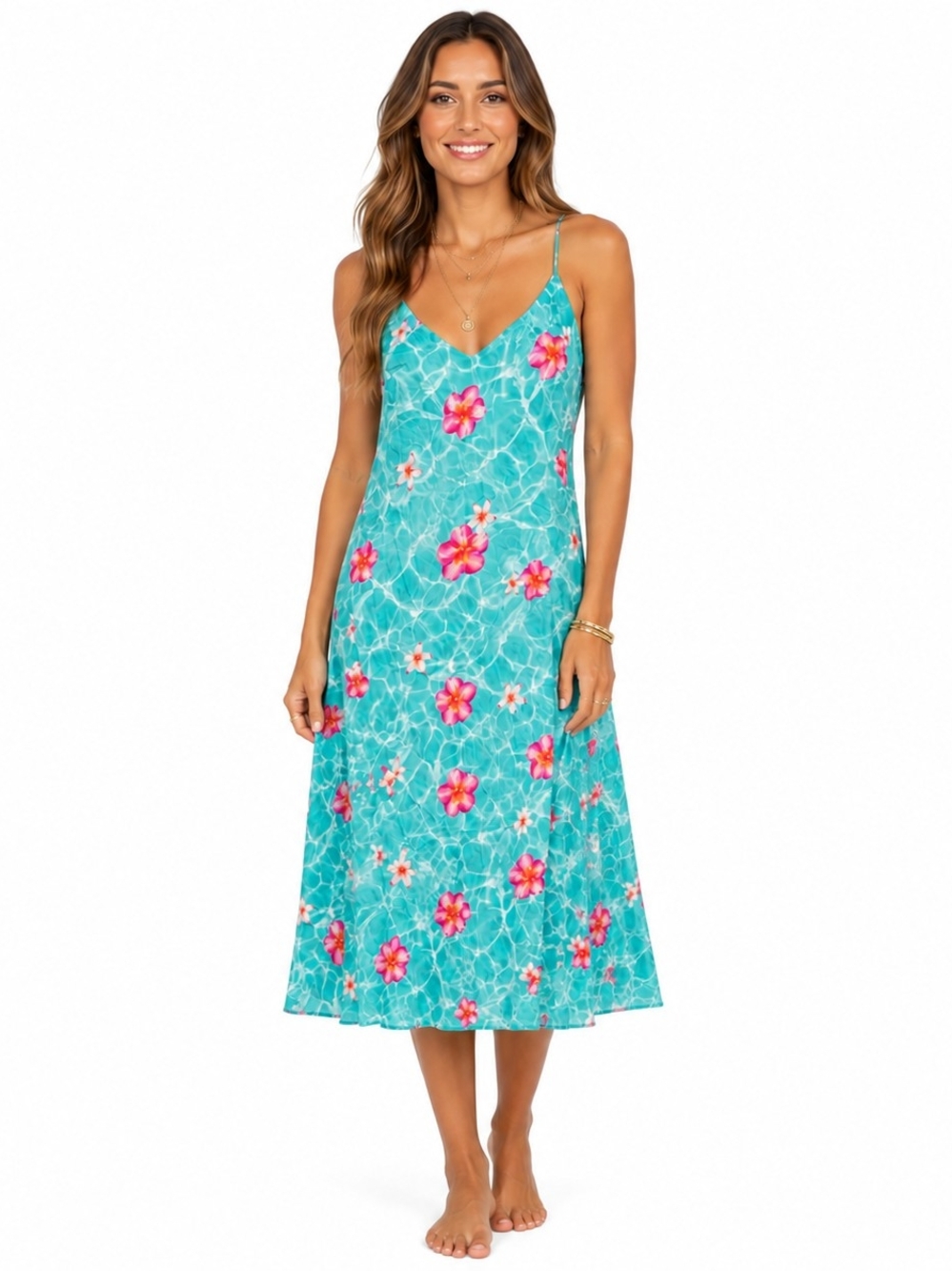 Aqua Hibiscus Midi Dress Open Back Tropical Slip Dress NWT L